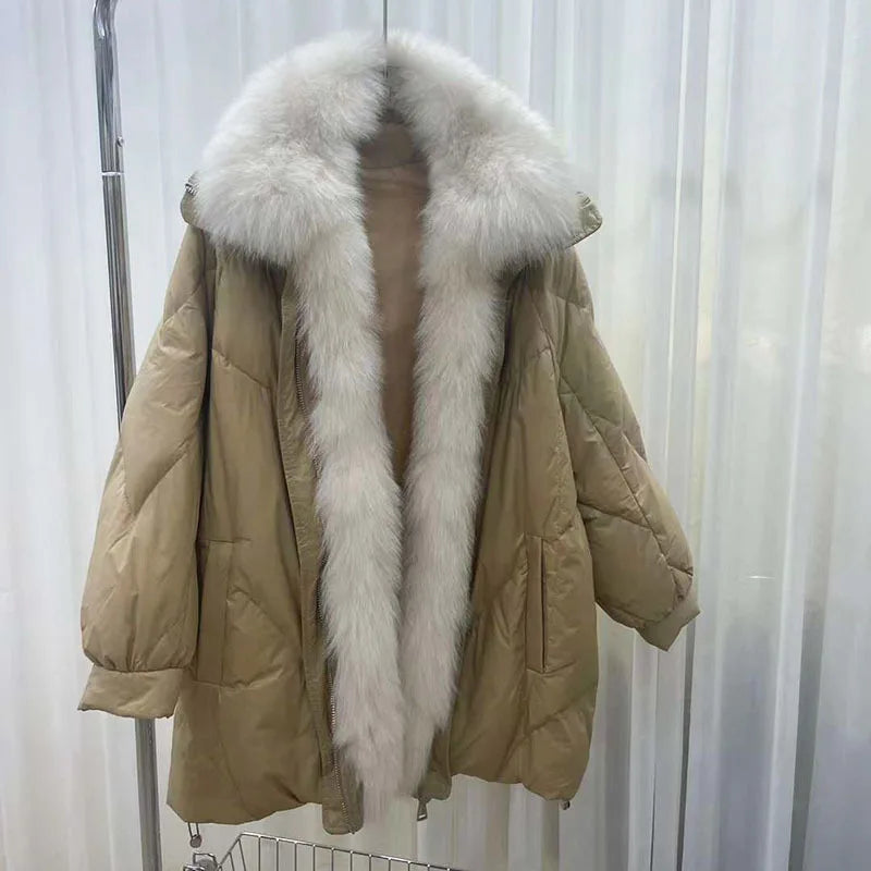 2023 New Fashion Women's Winter Warm Loose Coat White Duck Jacket Detachable Natural Real Fox Fur Collar Thick Outerwear Long