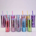 16oz Plastic Skinny Tumbler Cups Double Wall Coffee Mug Water Bottle Glitter Acrylic Tumbler With Straw and Lid