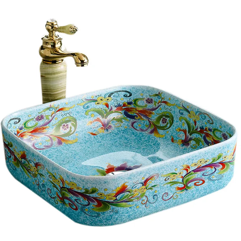 Sky Blue square Europe Style Handmade Art Porcelain Sink Counter Top Ceramic Wash Basin Bathroom Sinks