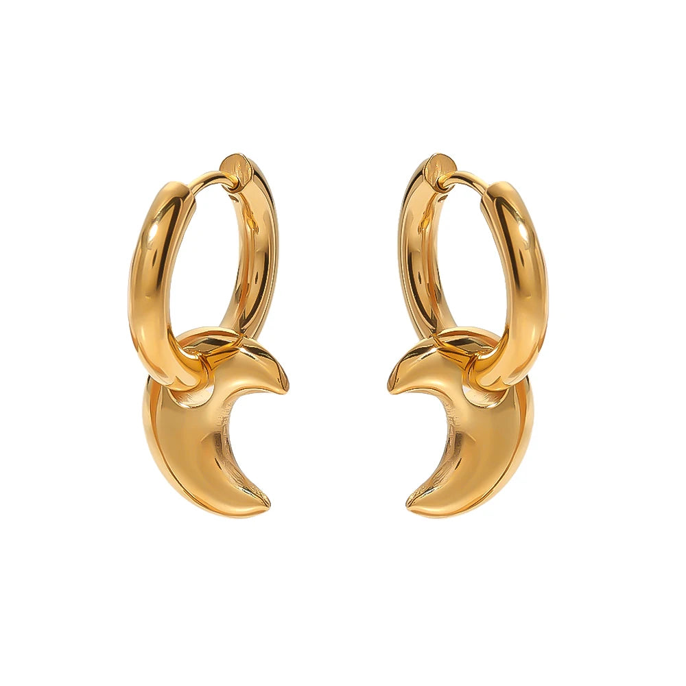 French Style Stainless Steel 18K Gold Plated Thick Moon Dangling Hoop Earrings for Daily Wearing