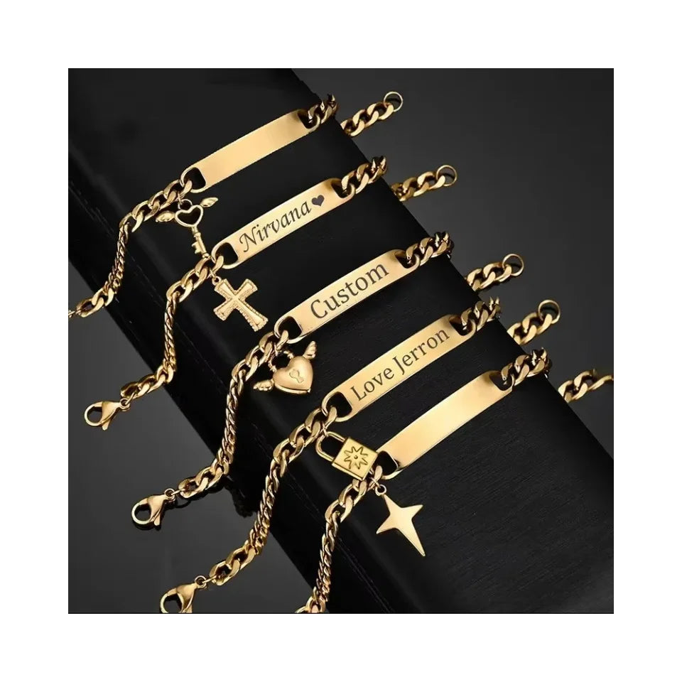 Custom Stainless Steel DIY Bend Bar Bracelet Butterfly Wing Heart Cross Charms Logo Engraved Bracelet