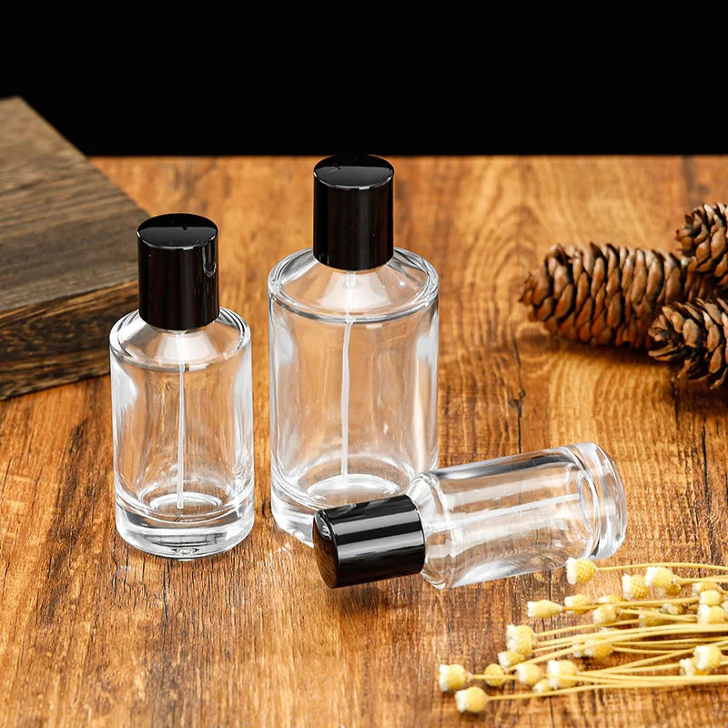 Cosmetic Packaging Fragrance Container 30ml 50ml 100ml Empty Round Clear Glass Perfume Bottle with Crimp Spray Cap