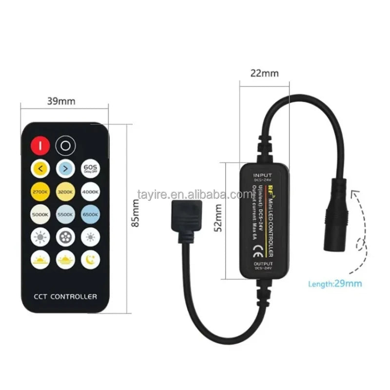 Led Dimmer CCT LED Controller with RF Remote for Single Color and Dual White LED Strip Light 5-24V Color Temperature Adjustment