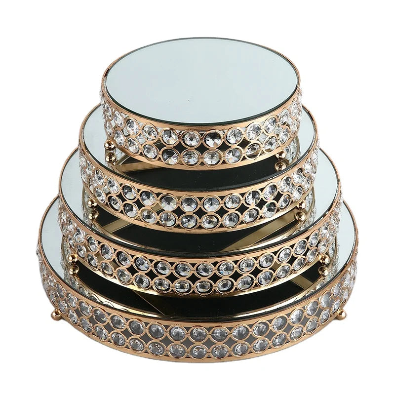 Factory Wholesale Round 4pcs Gold Bronzing Cake Stands Set Hollow Crystal Mirror Wedding Party Cupcake Buffet Display Stands Set