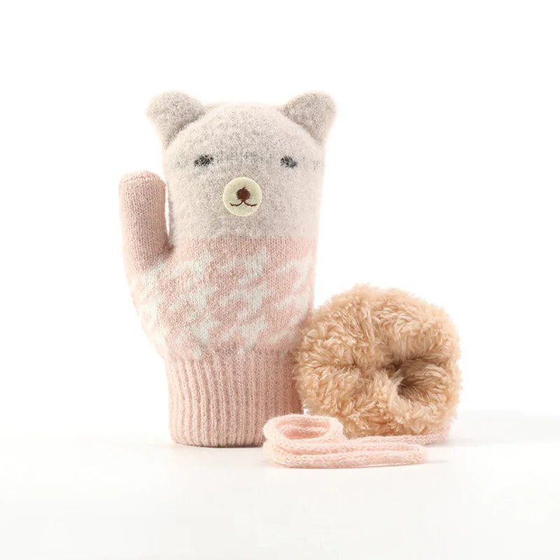 Winter children's gloves windproof fleece lining anti-lost cute cartoon kids fur mitten gloves