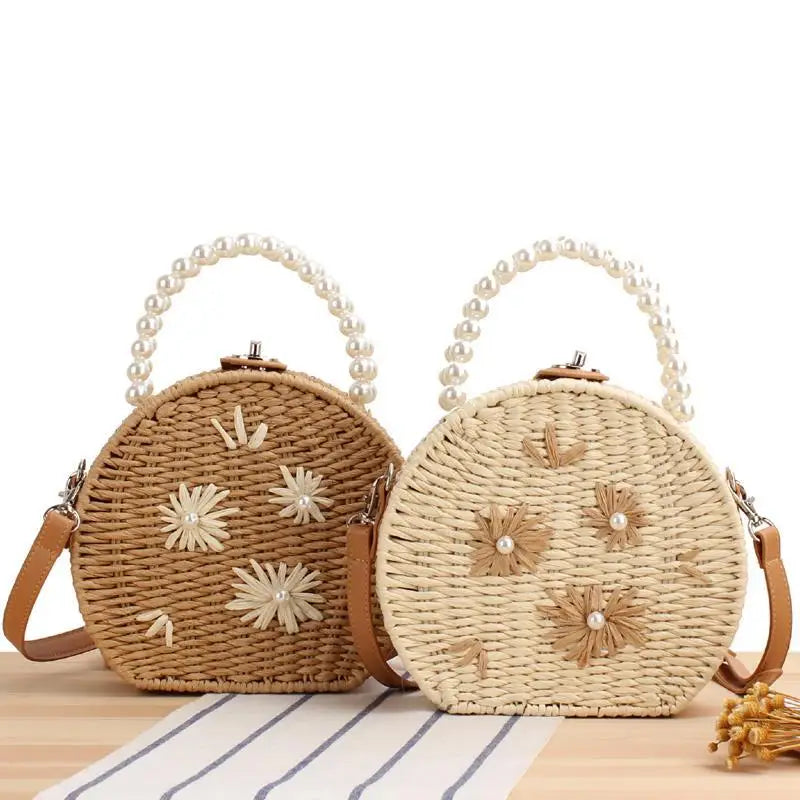 Woven Fashion Small Crossbody Bag Embroidered Pearl Raffia Straw Two Handle String Closure Letter Elegant Dress for Holiday