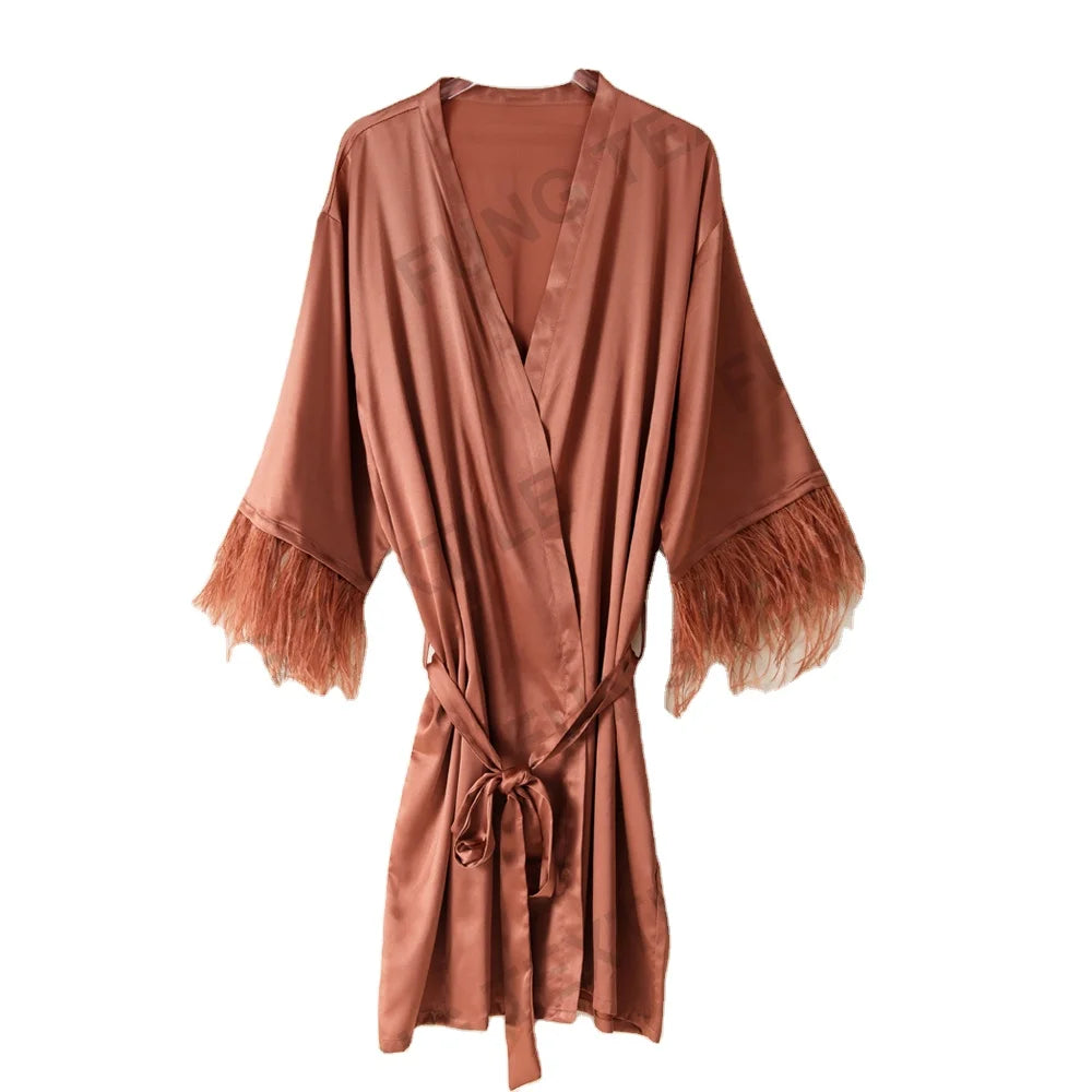 FUNG 6022 NEW Arrival Short Satin Fur Trim Robe Bridesmaid Satin Robe Bridal Satin Robe Feather Satin Robe