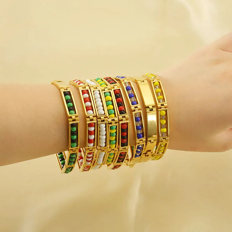 New Design 18K Gold Plate Stainless Steel Colorful Resin Miyuki Bead 21cm Bracelet for Women Fine Jewelry Gift