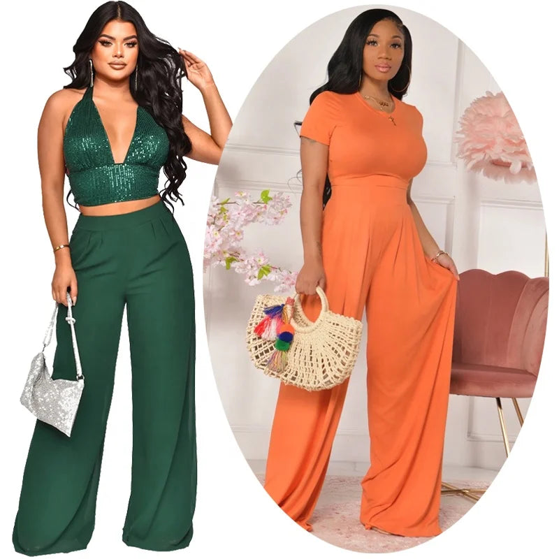 Womens Two Piece Palazzo Pants Sets Luxury Sequin Crop Top Wide Leg Trousers Matching Summer Track Suit Black Jumpsuit