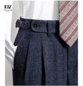New Italian Neapolitan Style Men's Trousers Vintage  Herringbone Wool Pants High Waist Custom Side Buckles Pleated Dress Pants