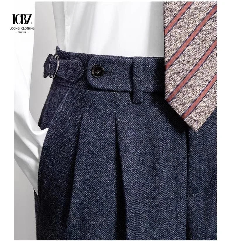 New Italian Neapolitan Style Men's Trousers Vintage  Herringbone Wool Pants High Waist Custom Side Buckles Pleated Dress Pants