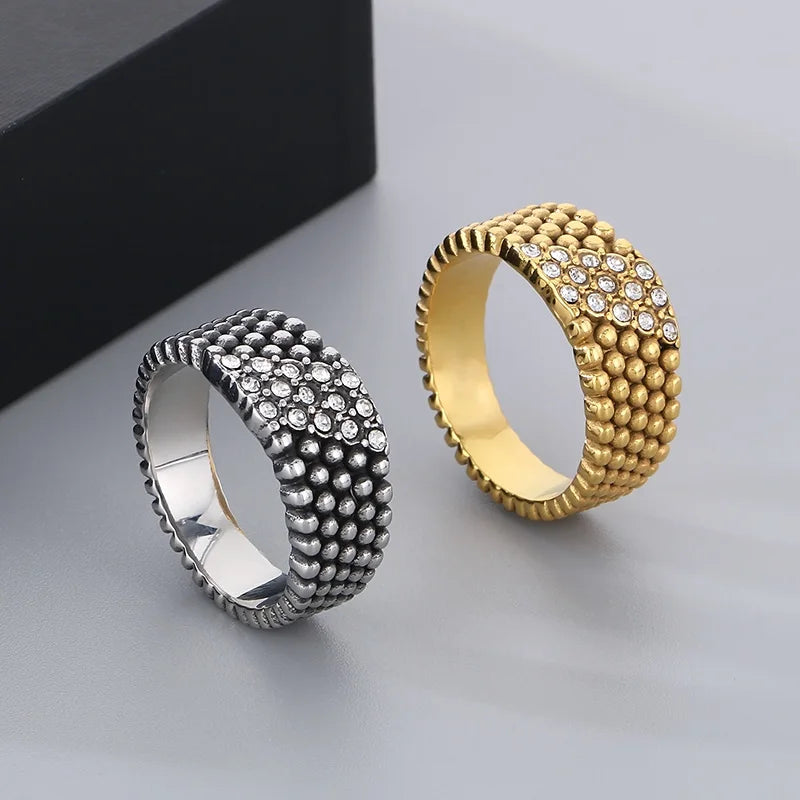 New Diamond Ring for Man Polka Dot Design Stainless Steel Chunky Ring Men Rhinestone Inlay Jewelry Gift Party Engagement