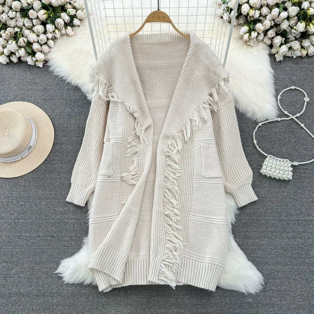 Autumn and Winter Women's Lazy Style Long Tassel Cardigan Sexy Coat