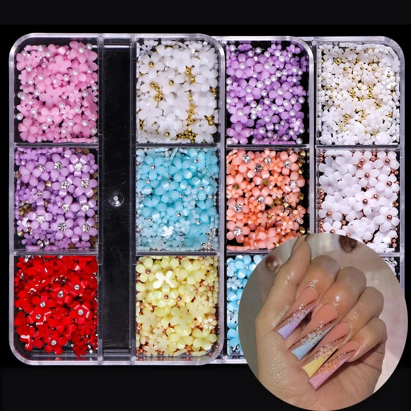 Acrylic Flower Nail Art Decoration Flower Nail Charms Mixed Rhinestones Gold Beads 3D Nail Flower