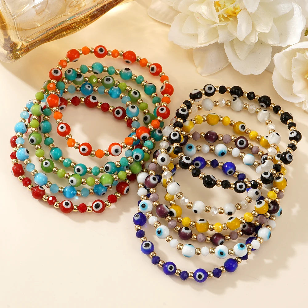 Go2boho Unisex Crystal Jewelry Handmade Boho Fashion Gold Plated Beaded Bracelet  Evil Eyes Multicolor Couple Gift for Women
