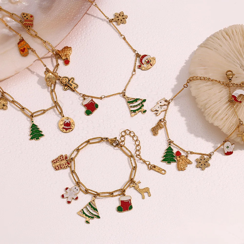 Christmas Jewelry Set 18K Gold Plated Stainless Steel Colorful Enamel Snowflake Charm Necklace Bracelet Fashion Gift