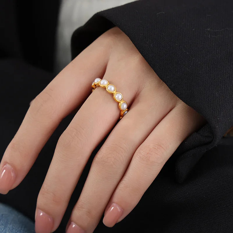Dainty Titanium 18K Gold Plated Personality Shell Pearls Tarnish Free Finger Rings for Women