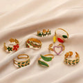 European American Fashion Jewelry Color Oil Drop Flower Ring Personality Stainless Steel Ring Love Heart Open Ring