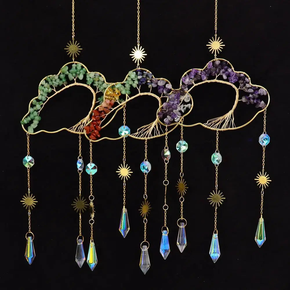 Hand-Wound 8cm Amethyst Sun Catcher Natural Quartz Crystal Gravel Light-Themed Hanging Wind Bell Decoration Christmas Life Tree