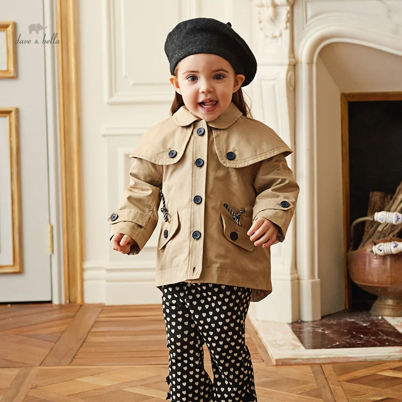 DB3236991 DAVE BELLA Autumn Children Girls Fashion Khaki Lapel Design Windcheater Casual Cotton Locking Hem  Coat