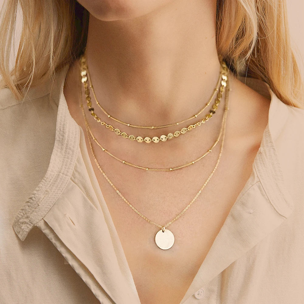 EManco Custom Layering Necklace Set Round Pendant Women Necklace Stainless Steel Trendy 14k Gold Plate Jewelry Gold Choker