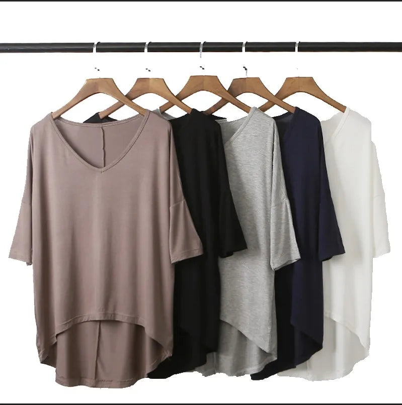 Women's Casual Korean Version Modal Bat Sleeve T-Shirt V-Neck Solid Color Large Size Loose Fit Plain Dyed Base Shirt