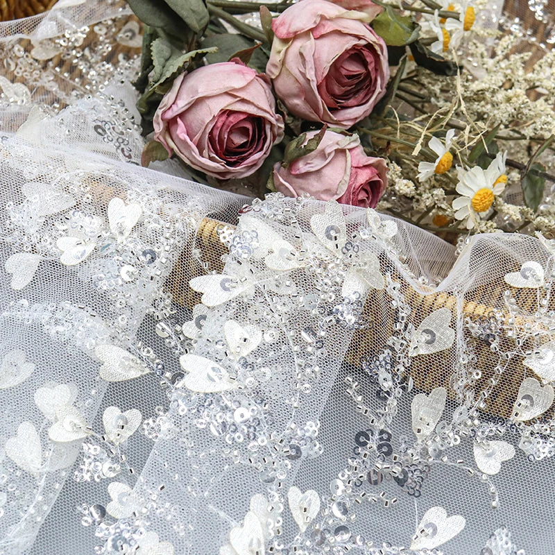 Hot Selling 3d Lace Fabric Luxurious Petal Mesh Sequin Fabric for Wedding Dress