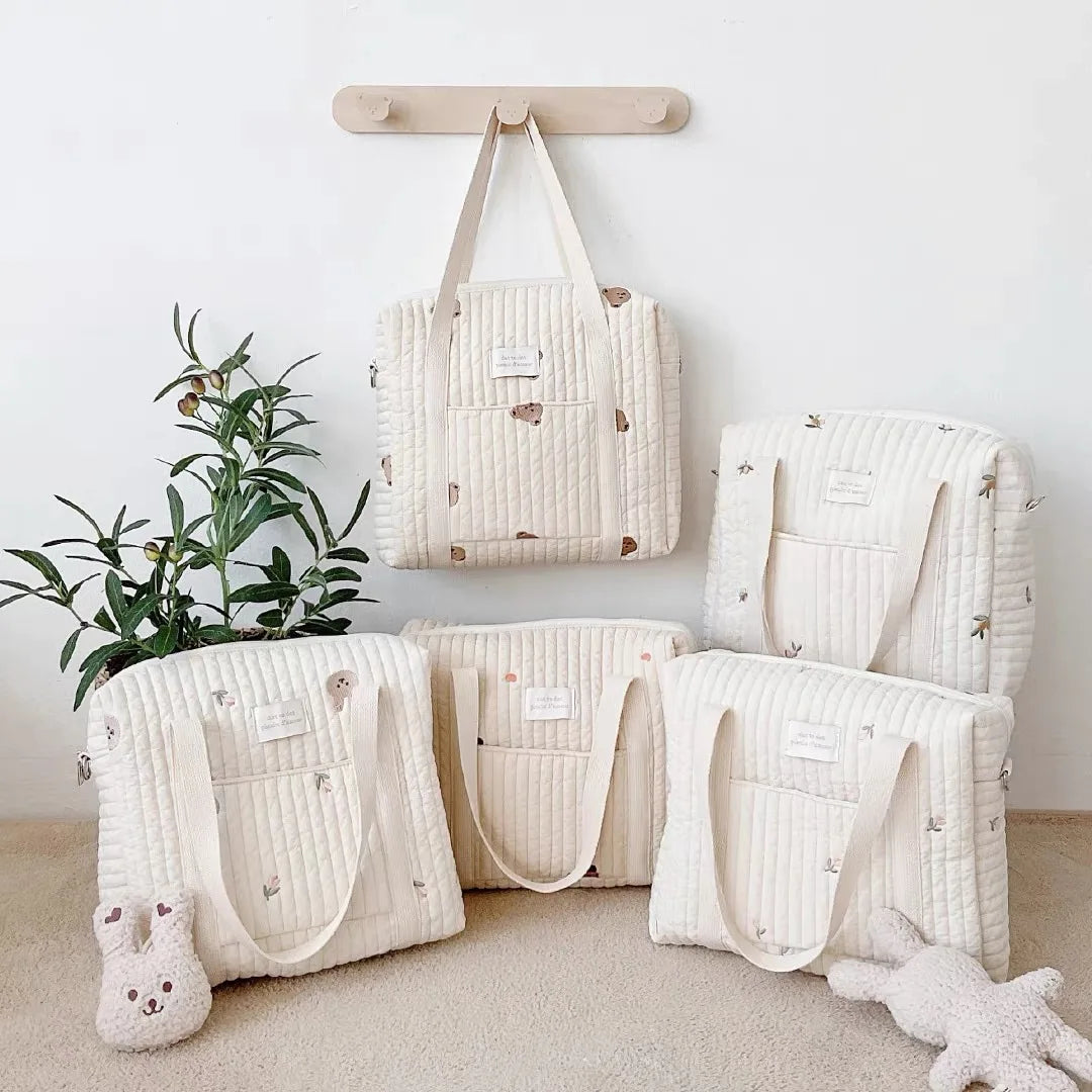 2022 New Beige Cotton Fabric Zipper Diaper Handbag Cute Bear Flower Embroidery Pattern Baby Luggage Bag
