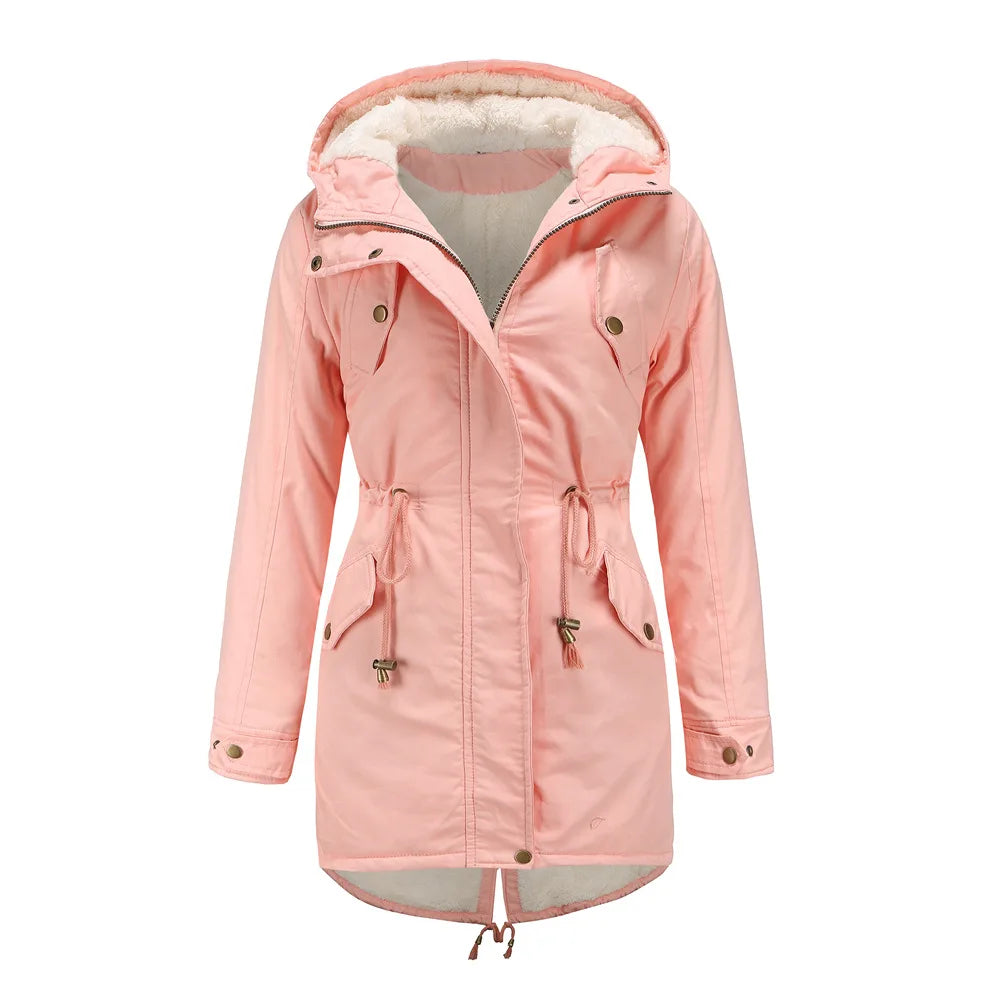 Polyester Padded Hooded Parkas Plush Lining Warm Casual Winter Coats for Ladies Women