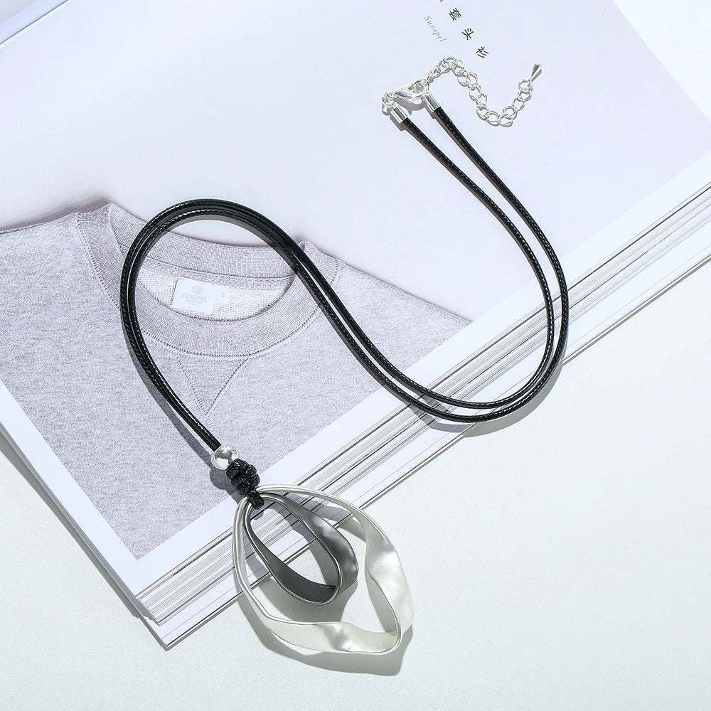 TongLing European Vintage Sweater Necklace Irregular Geometric Black Rope Strand String Pendant Necklace for Women