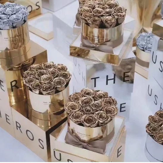 Hot Selling Gold Preserved Roses a Grade Eternal Rose Flowers in Round Gift Box-Long Lasting for Christmas & Thanksgiving