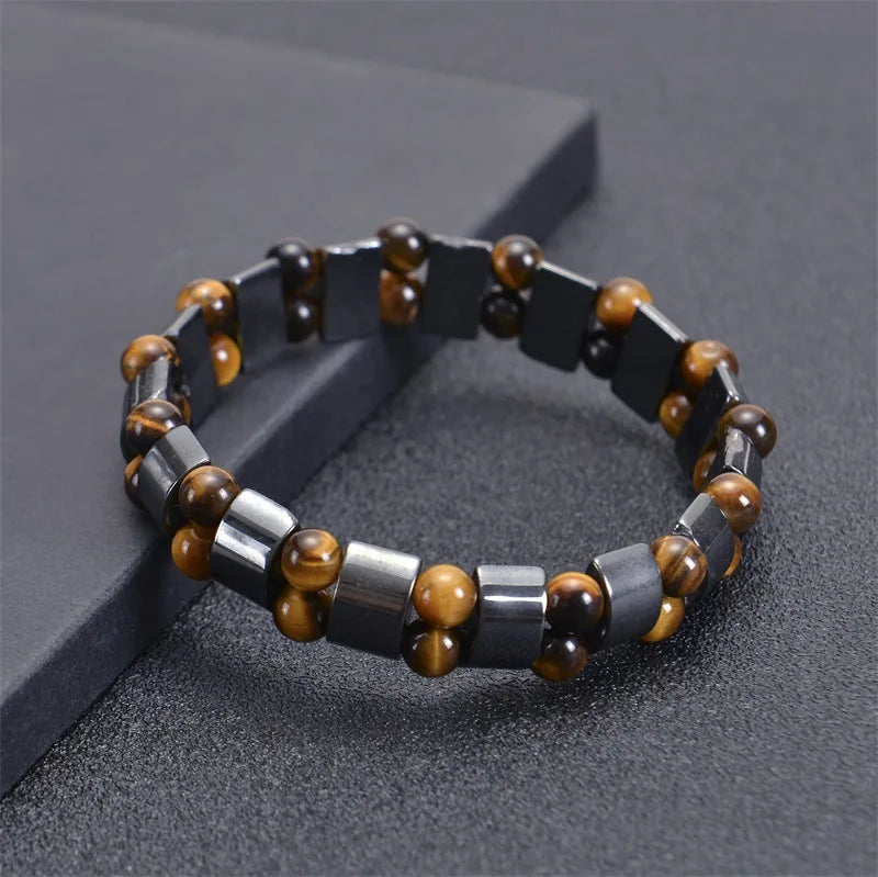 Premium Natural Black Matte Hematite Stone Tiger Eyes Beaded Stretch Cuban Wrap Bracelets Magnetic Healing Jewelry for Mens