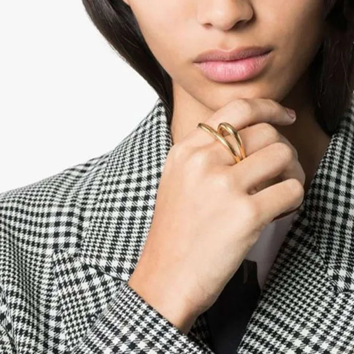 Cheap Europe Jewelry Stainless Steel Gold Plated Geometric Oval Shape Layerede Ring for Women