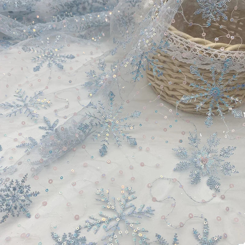 135 cm Wide Blue Snowflake Sequins Beads Embroidered Tulle Fabric Eco-Friendly Warp Mesh Lace for Bridal Dresses Metallic