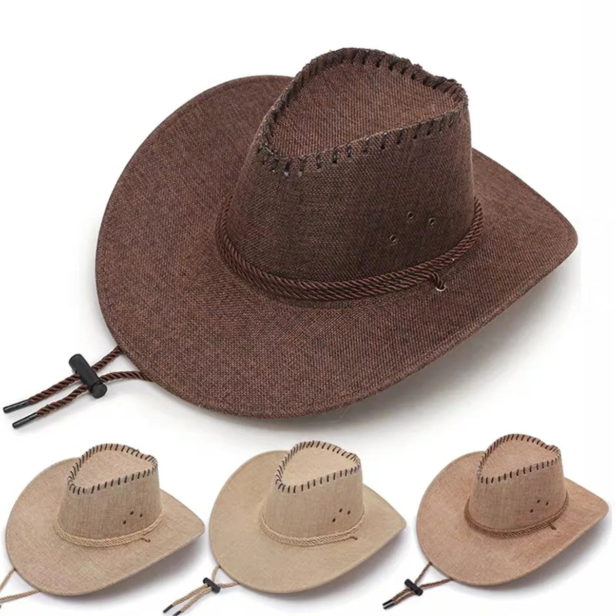 Mens Summer Bucket Hat Cowboy Fedora Hat Wide Brim Linen Breathable Mesh Fishing Beach Sun Hats