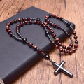 Natural Stone Red Tiger Eye Onyx Catholic Christ Rosary Necklaces With Hematite Cross Pendant Necklace for Men Women Jewelry