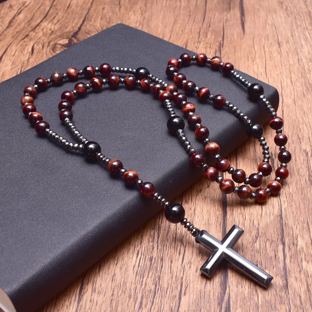 Natural Stone Red Tiger Eye Onyx Catholic Christ Rosary Necklaces With Hematite Cross Pendant Necklace for Men Women Jewelry