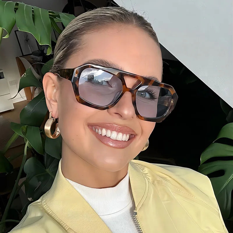 Retro Double Beam Women's Sunglasses Big Frame Leopard Brown Gradient Eyewear Fashion Square Sun Glasses Shades (KSG142) MegaBDM
