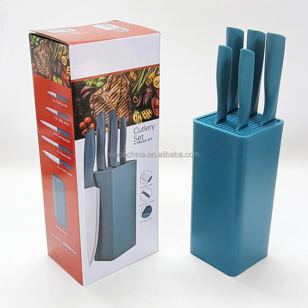 6 Pieces Ergonomic Handle Cutlery Set Stainless Steel Knives Set with Storage Stand Knife Block