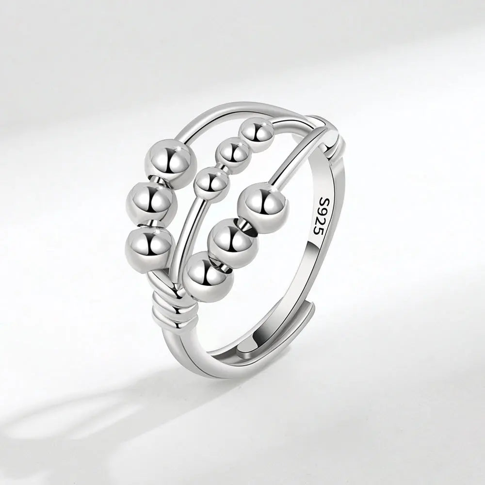 S925 Silver Plated Spinning Fidget Ring Multi Layers Rotary Rotating Beaded Rings Fidget Adjustable Anxiety Rings for Ladies