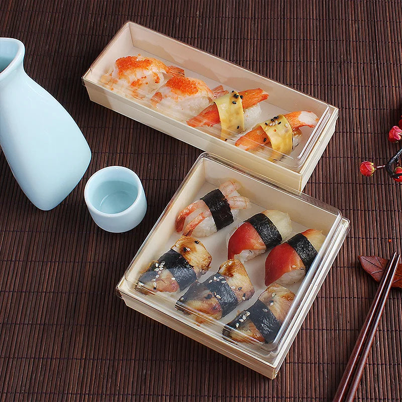 Eco-Friendly Disposable Wooden Take Out Sushi Box to Go Salad Grazing Box With Clear Lid