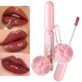 Wholesale Glossy Lip Gloss Vegan Clear Lip Oil Vendor Natural Nude Lip Gloss with Cute Pink Pom-pom Pendant Keychain