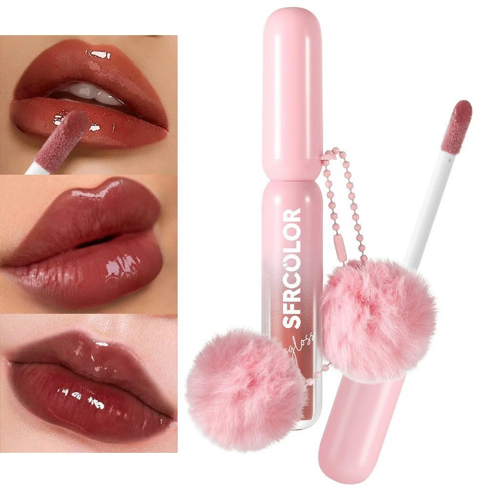 Wholesale Glossy Lip Gloss Vegan Clear Lip Oil Vendor Natural Nude Lip Gloss with Cute Pink Pom-pom Pendant Keychain