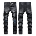 Y2K Grunge Knee Slit Jeans Men Black Distressed Skinny Stacked Denim Pants Custom Logo Rockstar High Street Trousers