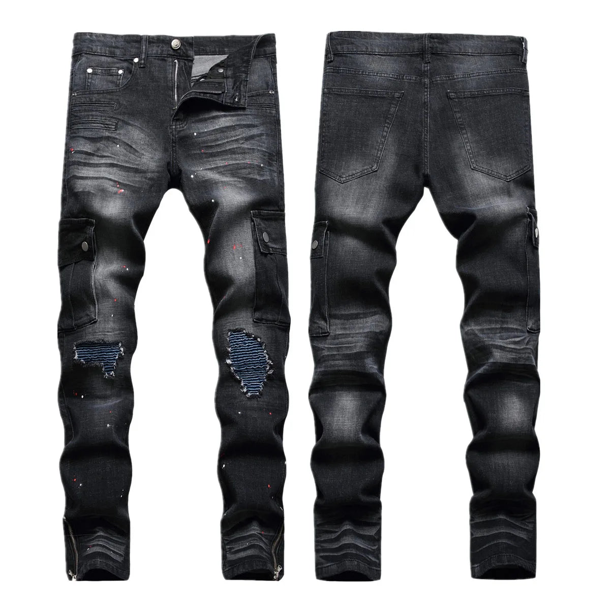 Y2K Grunge Knee Slit Jeans Men Black Distressed Skinny Stacked Denim Pants Custom Logo Rockstar High Street Trousers
