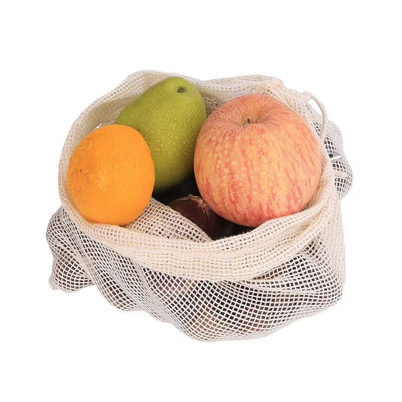 Reusable Natural Cotton Mesh Drawstring Bag for Vegetables Wholesale Eco Friendly Cotton Mesh Shopping Packaging Bag LOGO