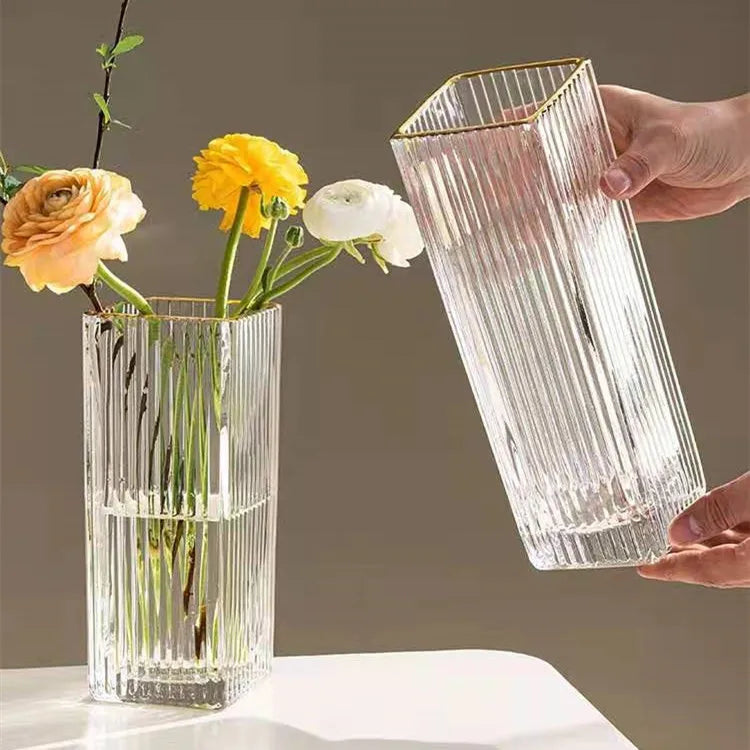 Japanese Hammer Pattern Glass Vase With Golden Rim Classic Square Straight Vase