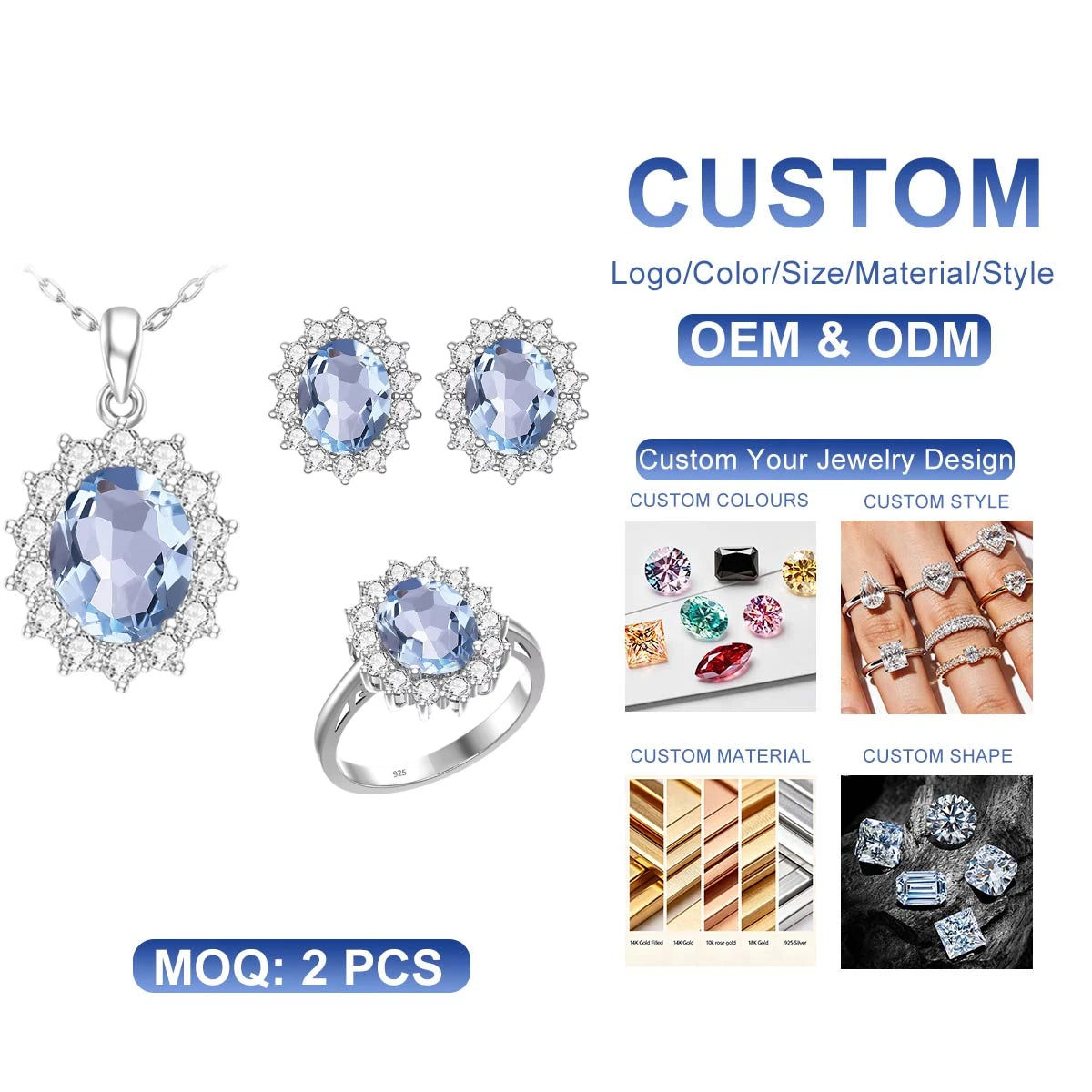 Manufacturer 925 Sterling Silver Classic Engagement Wedding Jewelry Set Blue Topaz Aquamarine Gemstone Necklace Ring Pendant