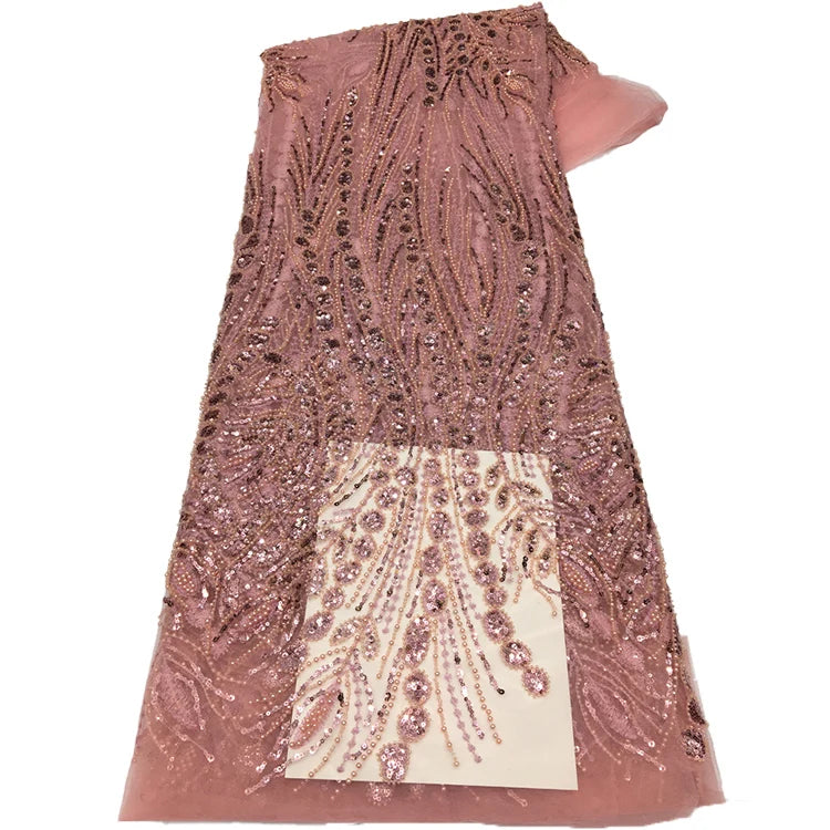 Blush Pink Embroidery Floral Beaded Lace Fabric Nigerian Luxury Wed Lace Fabric