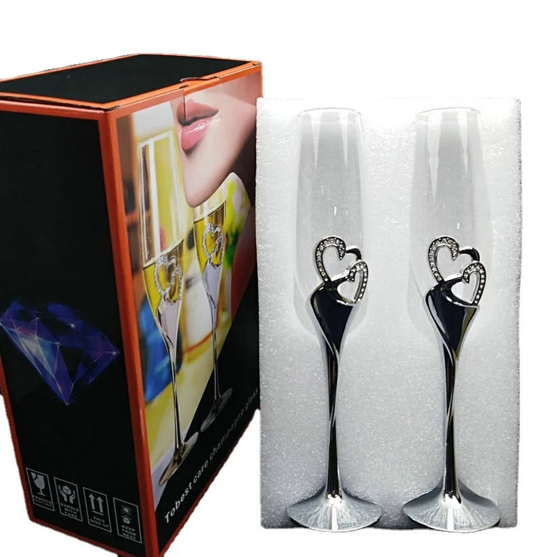 2Pcs Gift Box Custom Logo Luxury Crystal Long Stem Swan Silver Diamonds Coupe Champagne Flute Glasses Goblet for Wedding Party
